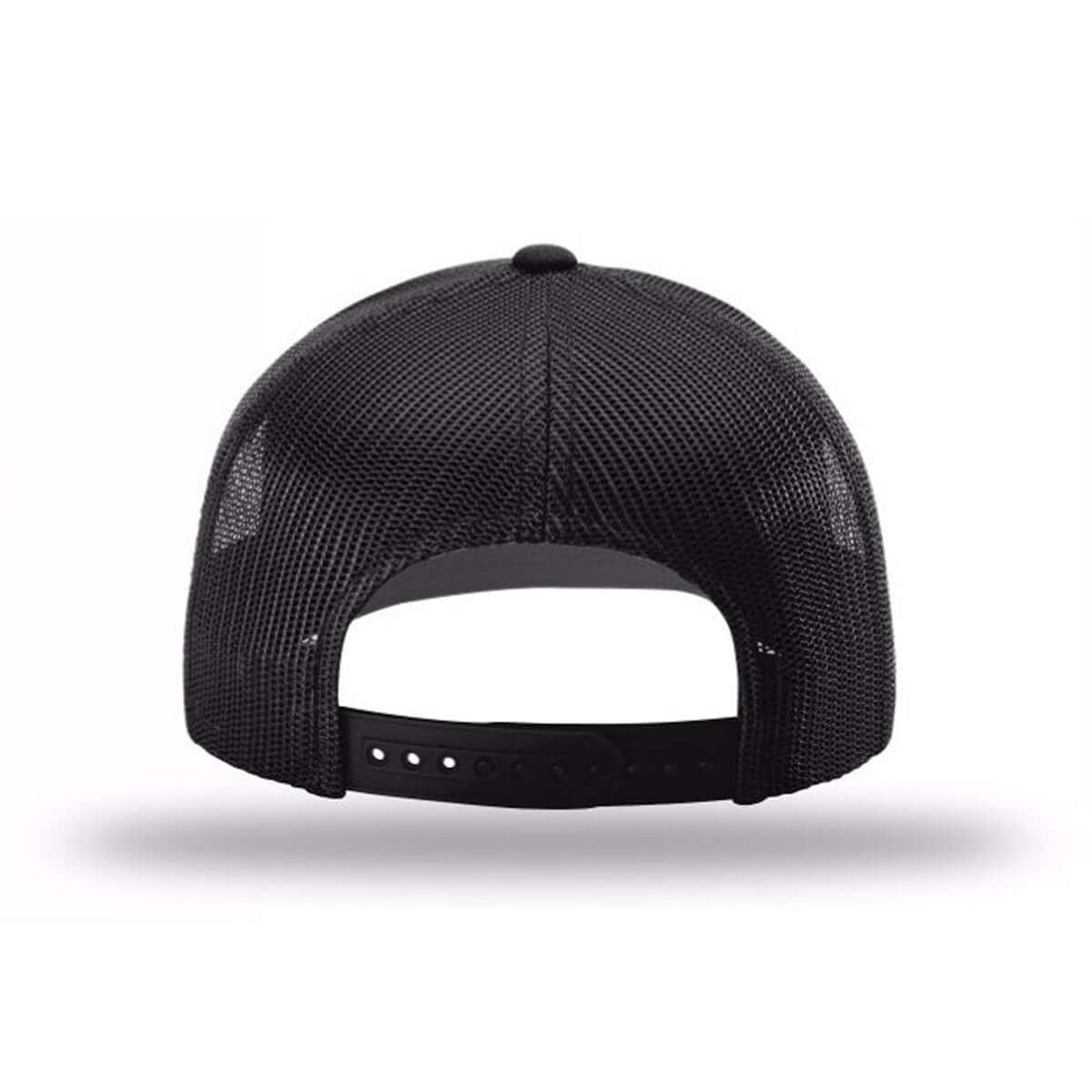 Back view of Richardson 112 trucker hat with adjustable snapback in black mesh, perfect for bourbon lovers.