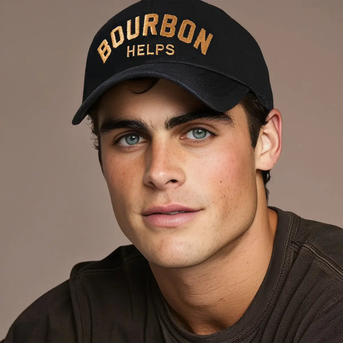 Bourbon Helps Baseball Cap - Black displayed on a model with blue eyes and a casual look.