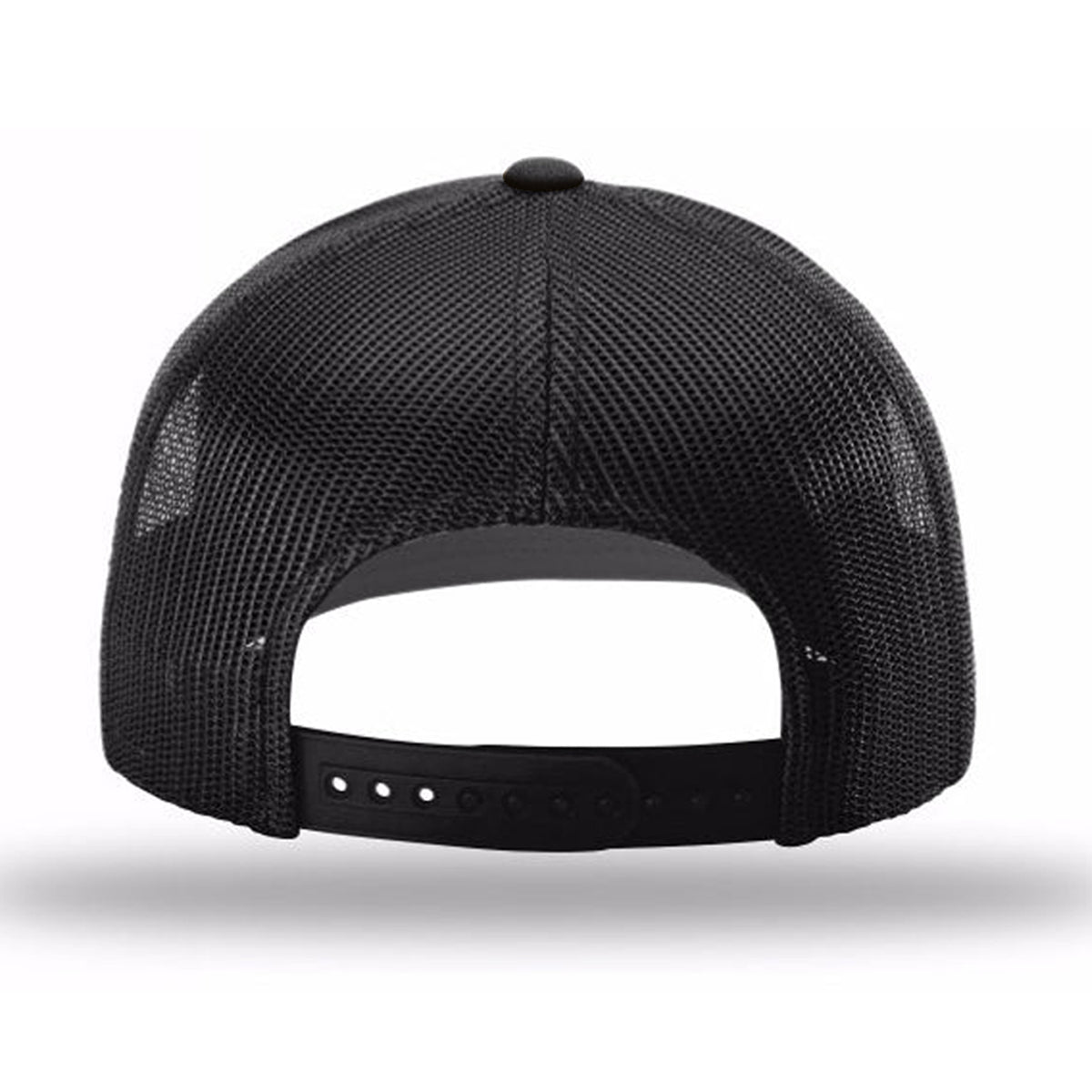 Back view of the Bourbon Helps Hat – Black/Black showing mesh design and adjustable strap.