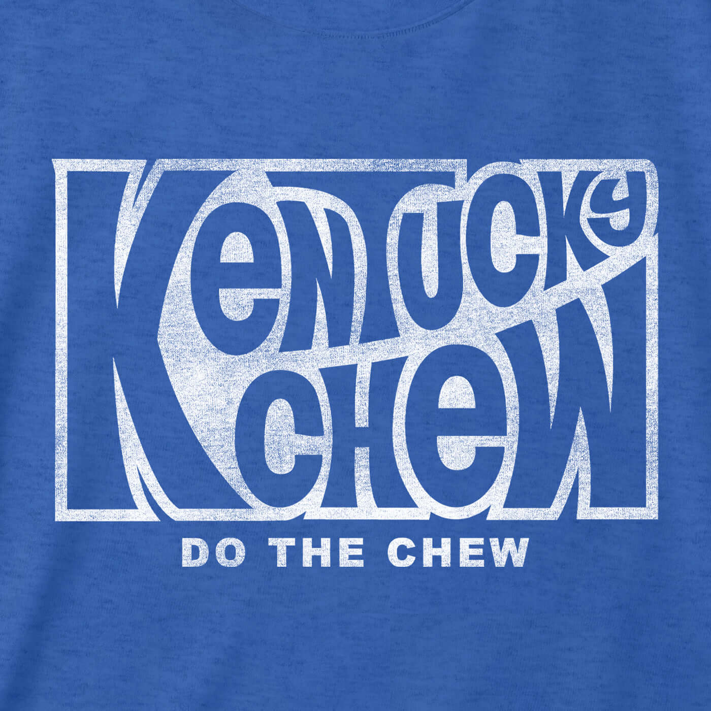 Kentucky Chew bourbon t-shirt with distressed graphic and 'Do The Chew' slogan on blue background.