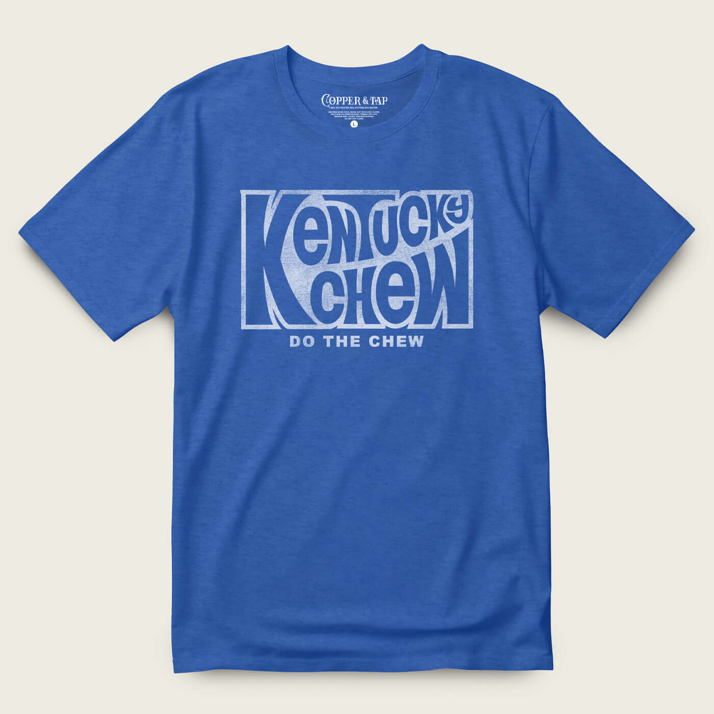 Kentucky Chew bourbon t-shirt in blue with distressed graphic saying 'Do The Chew' - a stylish and comfortable bourbon shirt.