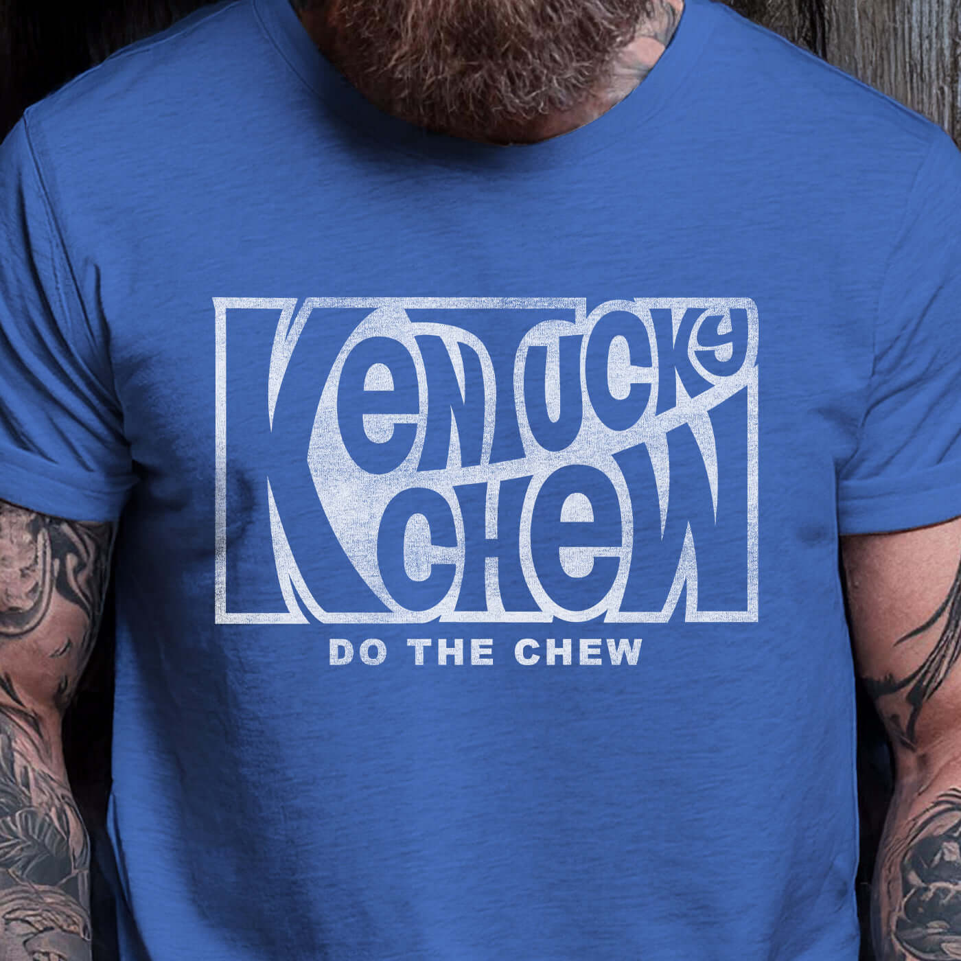 Kentucky Chew bourbon t-shirt in blue with distressed graphic, featuring 'Do The Chew' slogan, perfect for bourbon lovers.