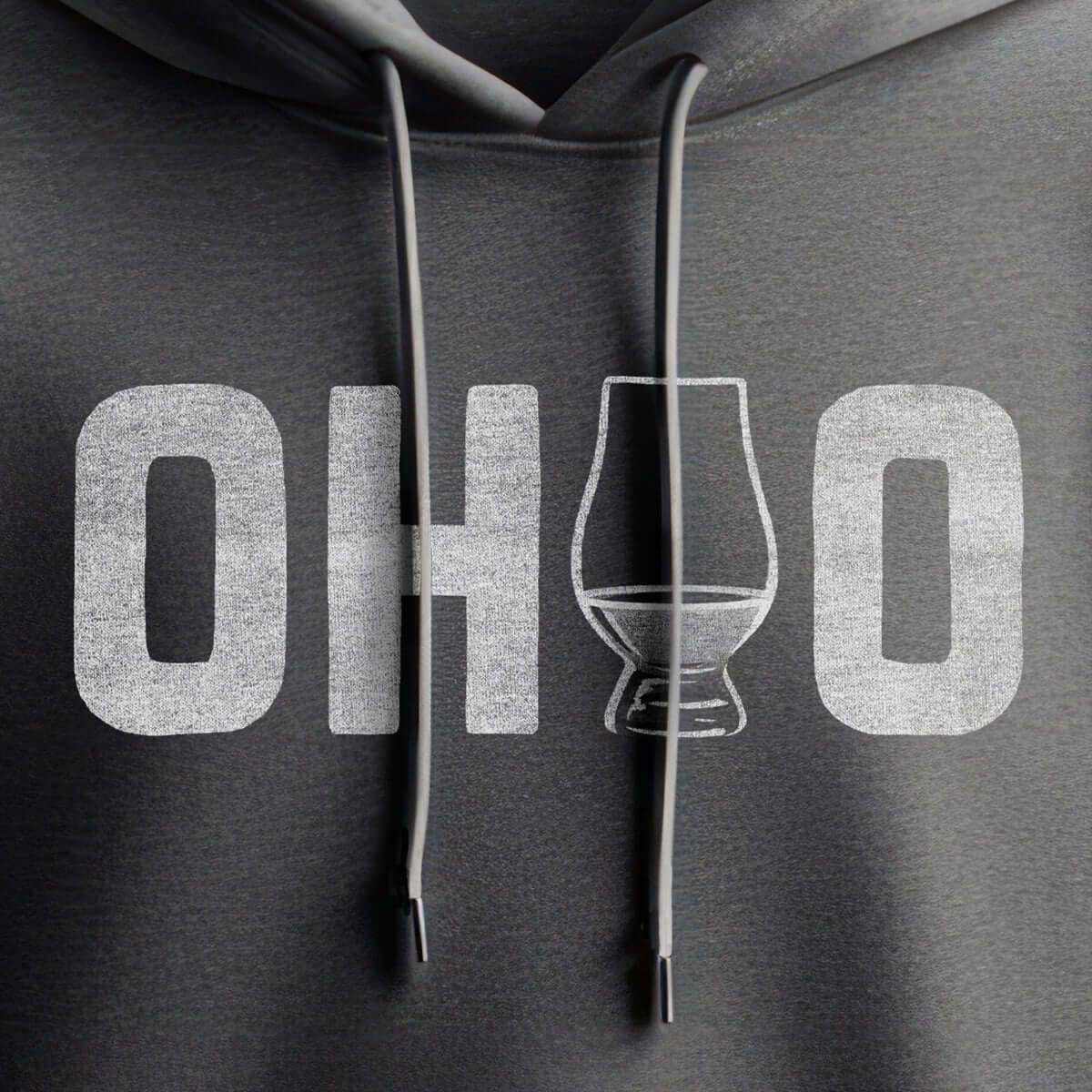closeup of ohio bourbon hoodie with whiskey glass design