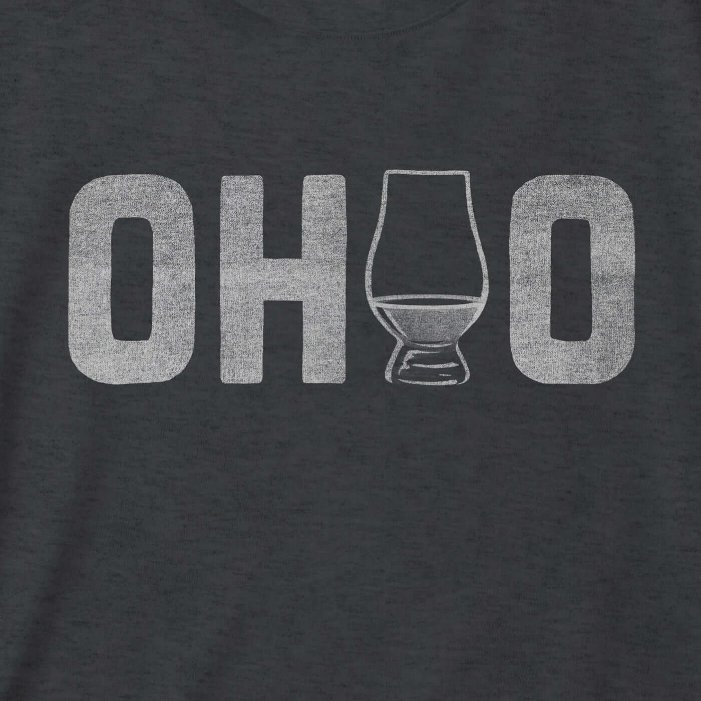 Ohio whiskey t-shirt design featuring the word 'OHIO' with a whiskey glass in between, on a black background.