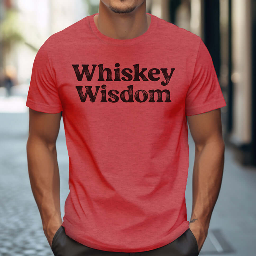 male model wearing a red whiskey wisdom t-shirt
