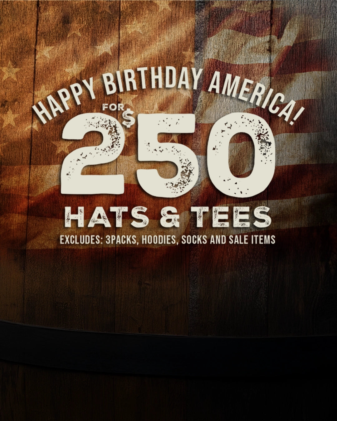 whiskey barrel with an american flag and happy birthday america. copper and tap sale
