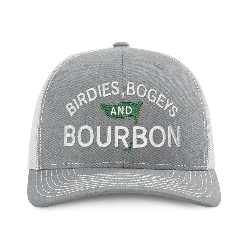 Birdies Bogeys & Bourbon Hat in grey and light grey, perfect for golfers enjoying the clubhouse vibe.