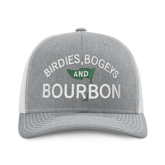 Birdies Bogeys & Bourbon Hat in grey and light grey, perfect for golfers enjoying the clubhouse vibe.