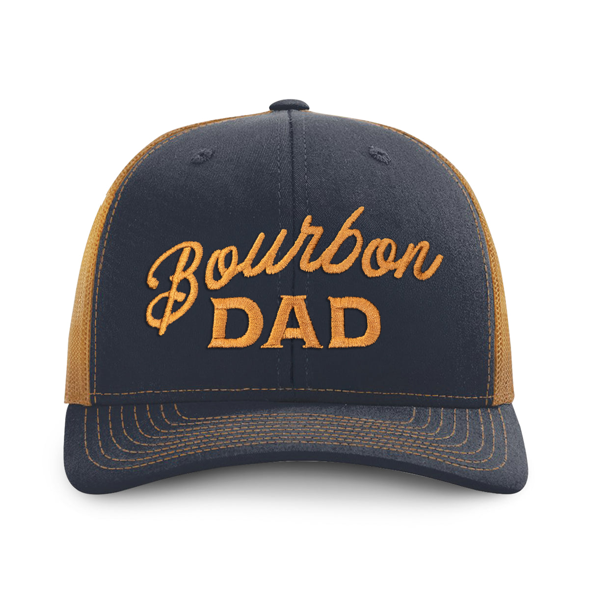 Bourbon Dad Trucker Hat in navy and caramel with bold embroidery