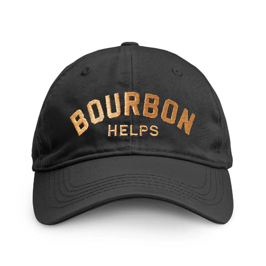 Bourbon Helps Baseball Cap - Black with caramel embroidered graphic reading 'Bourbon Helps'.