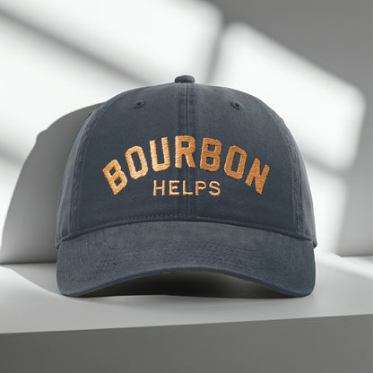 Bourbon Helps Dad Hat - Navy Blue with embroidered text reading 'Bourbon Helps' for stylish comfort.