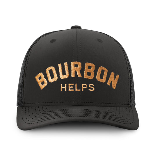 Bourbon Helps Hat - Black/Black with caramel embroidery, structured fit and breathable mesh back.
