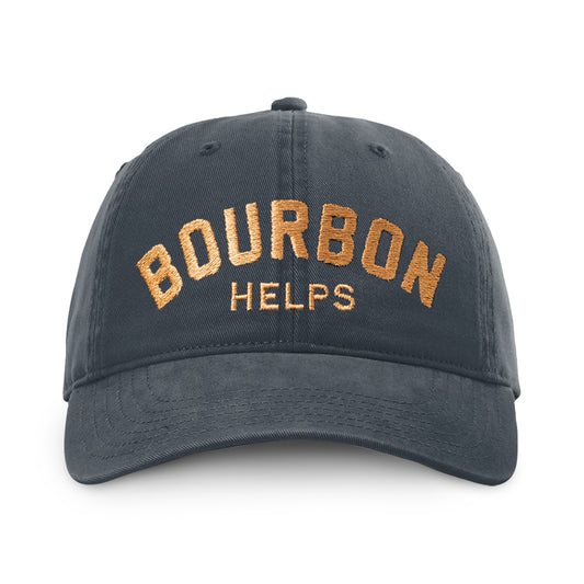 Bourbon Helps Dad Hat in navy blue featuring embroidered text 'Bourbon Helps' for casual style.