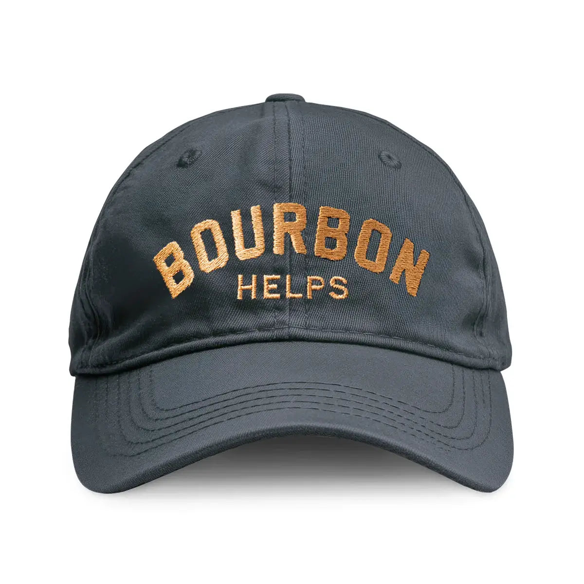 Bourbon Helps Dad Hat in navy blue featuring embroidered text 'Bourbon Helps' for casual style.