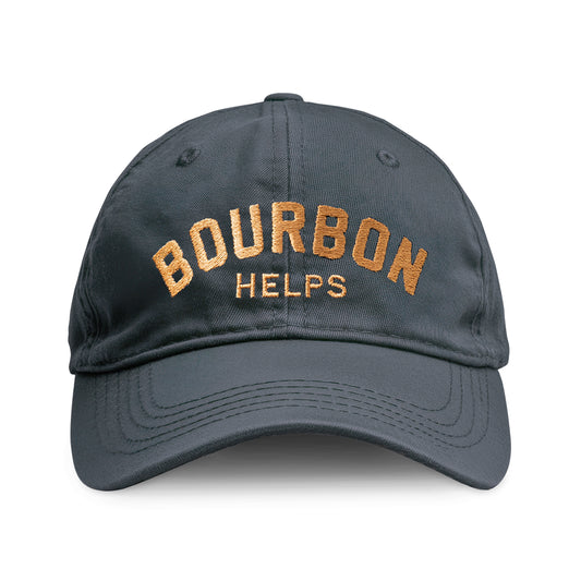 Bourbon Helps Dad Hat in navy blue featuring embroidered text 'Bourbon Helps' for casual style.