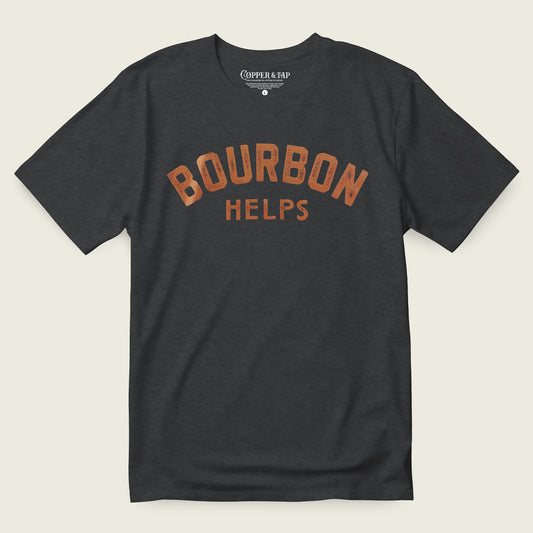 Black t-shirt with 'Bourbon Helps' distressed text printed in copper on a off white background