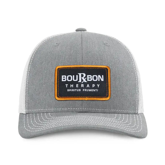 Gray Richardson hat with a Bourbon Therapy patch on a white background