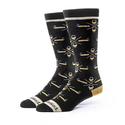Premium black socks featuring a pattern of cigars and whiskey glasses, perfect for bourbon and cigar enthusiasts.