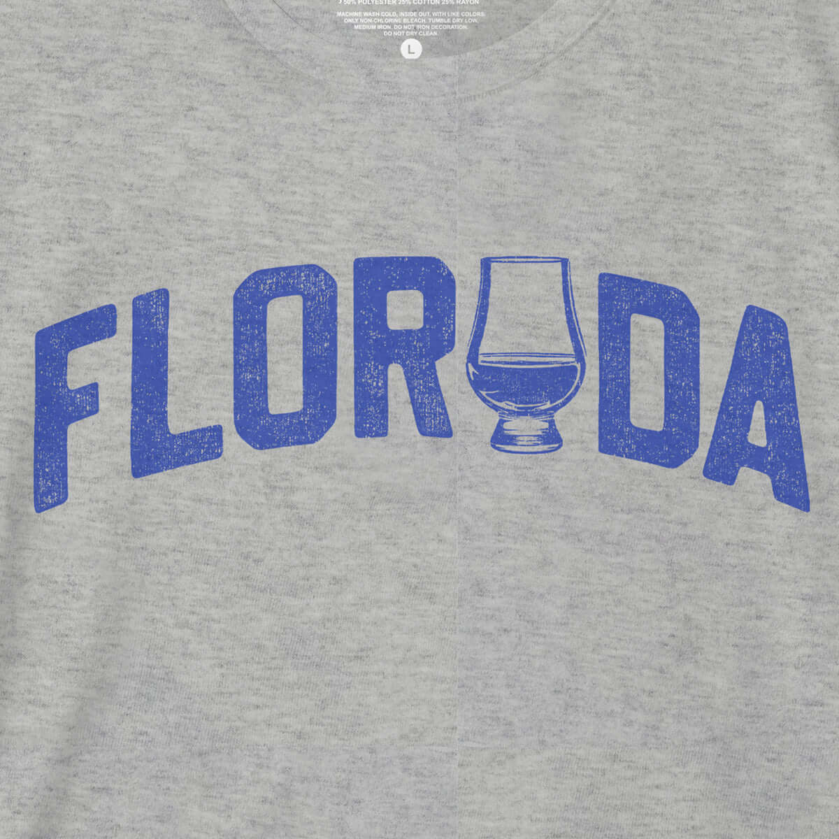 Heather grey Florida bourbon t-shirt featuring a bold blue graphic and whiskey glass design.