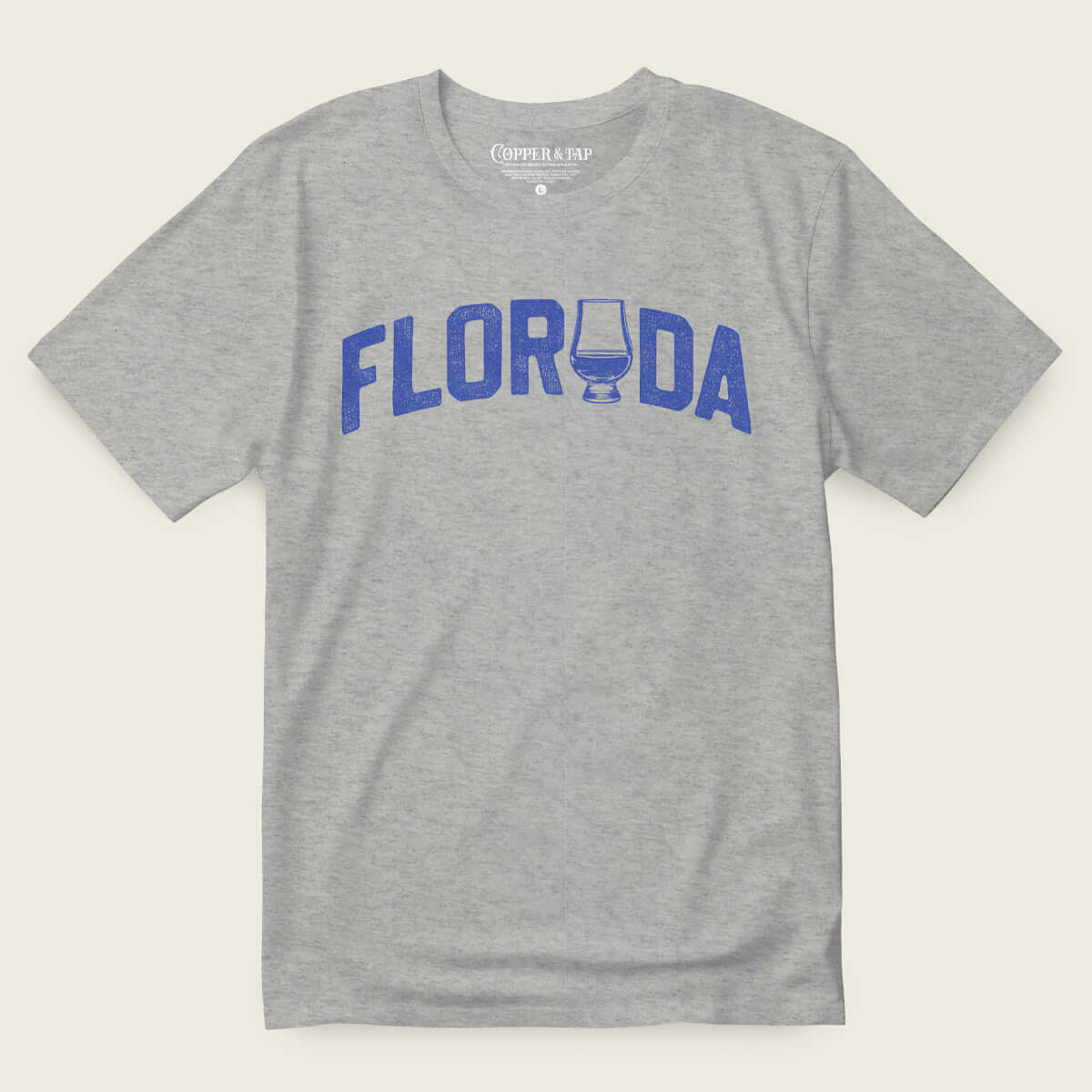 Florida bourbon t-shirt in Heather Grey with bold blue "Florida" graphic and whiskey glass design.