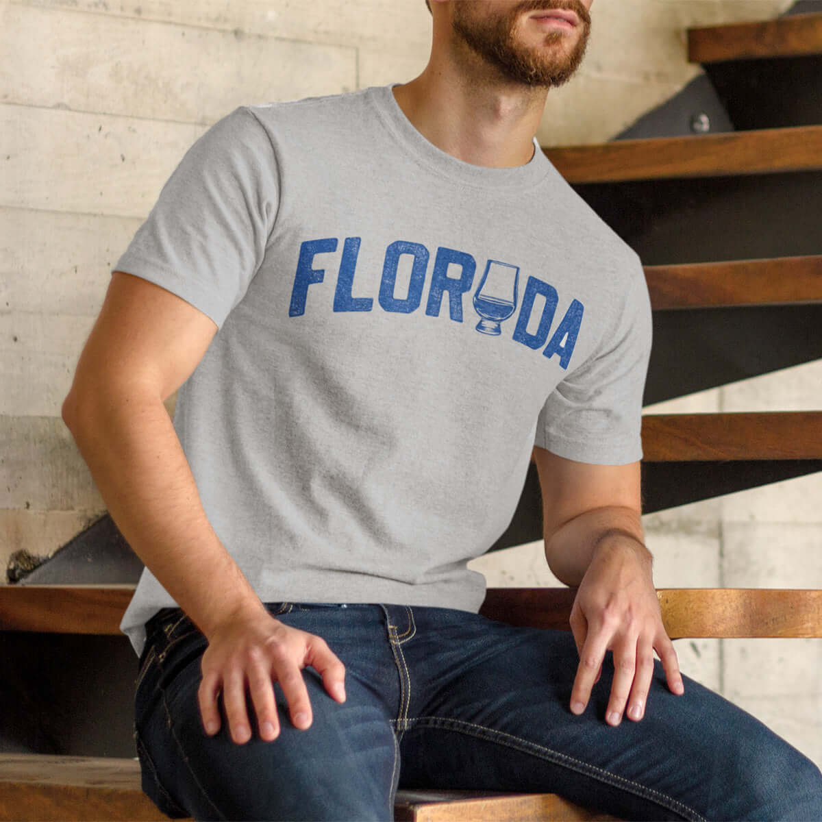 Florida Bourbon t-shirt in Heather Grey featuring bold 'Florida' graphic and whiskey glass design.