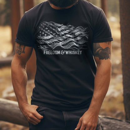 model wearing a black freedom and whiskey american flag t-shirt-black