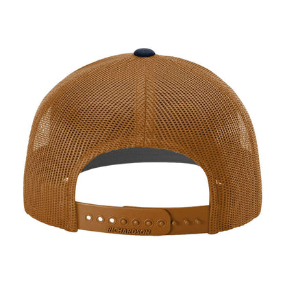Back view of a Kentucky 1792 Whiskey hat in Navy/Caramel with adjustable snapback and mesh design.