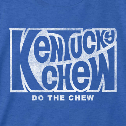 Kentucky Chew bourbon t-shirt with distressed graphic and 'Do The Chew' slogan on blue background.