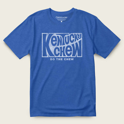 Kentucky Chew bourbon t-shirt in blue with distressed graphic saying 'Do The Chew' - a stylish and comfortable bourbon shirt.