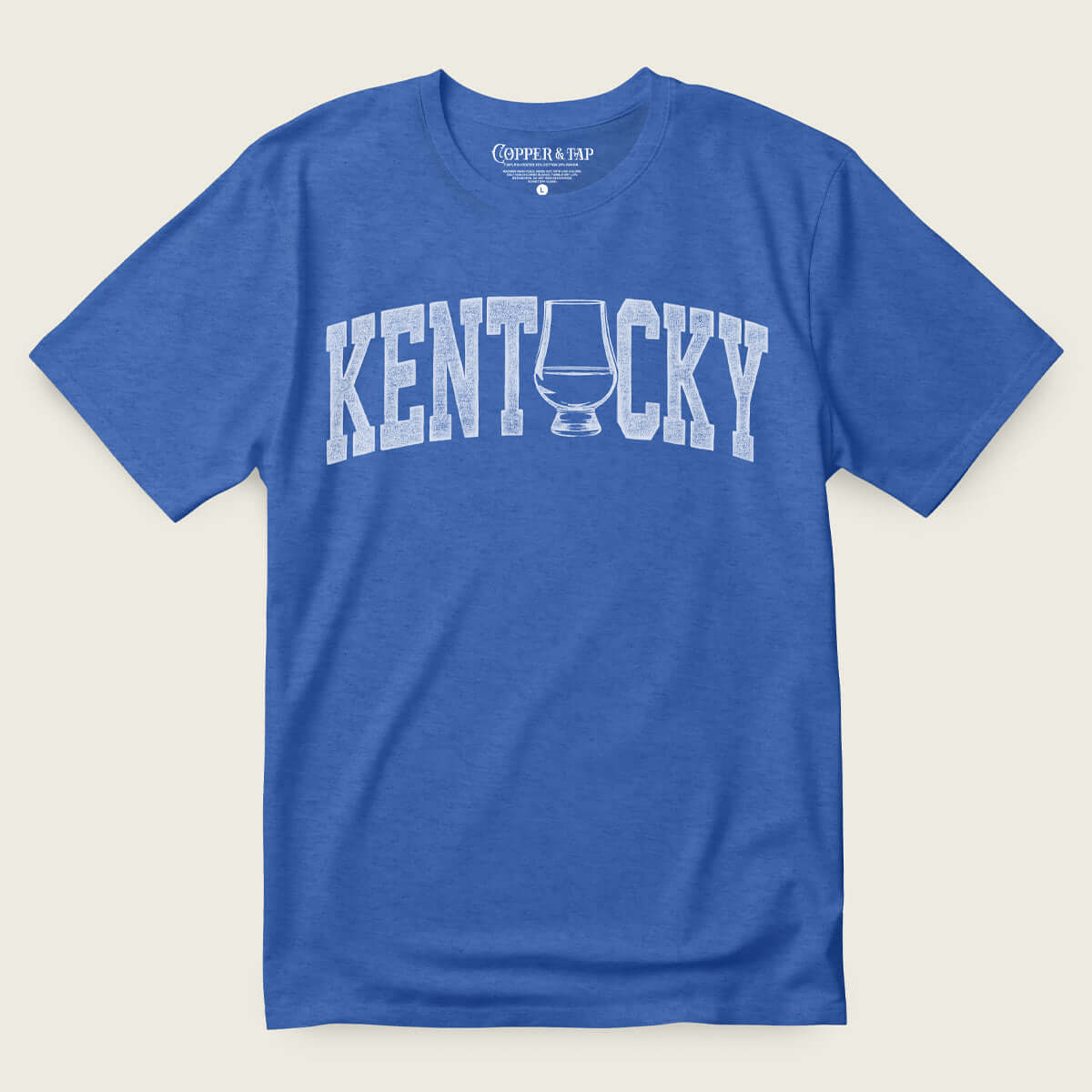 Kentucky whiskey t-shirt in blue featuring a distressed Kentucky graphic and whiskey glass design.