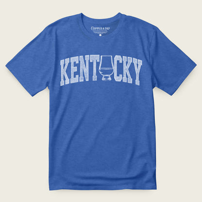 Kentucky whiskey t-shirt in blue featuring a distressed Kentucky graphic and whiskey glass design.