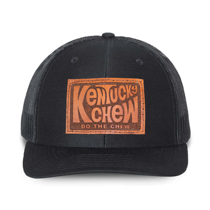 Kentucky Chew whiskey hat, classic trucker style snapback with engraved leather patch, ideal bourbon hat.