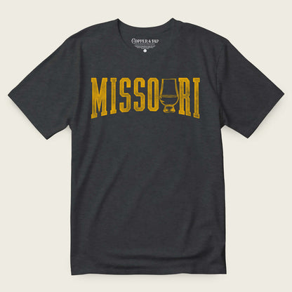 Missouri Whiskey Tee featuring a bold 'Missouri' graphic and whiskey glass design on a black shirt.