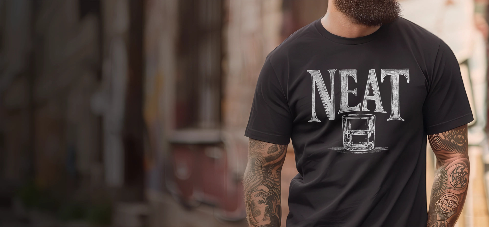 Person wearing a black bourbon t-shirt with 'NEAT' and a glass graphic, standing outdoors.