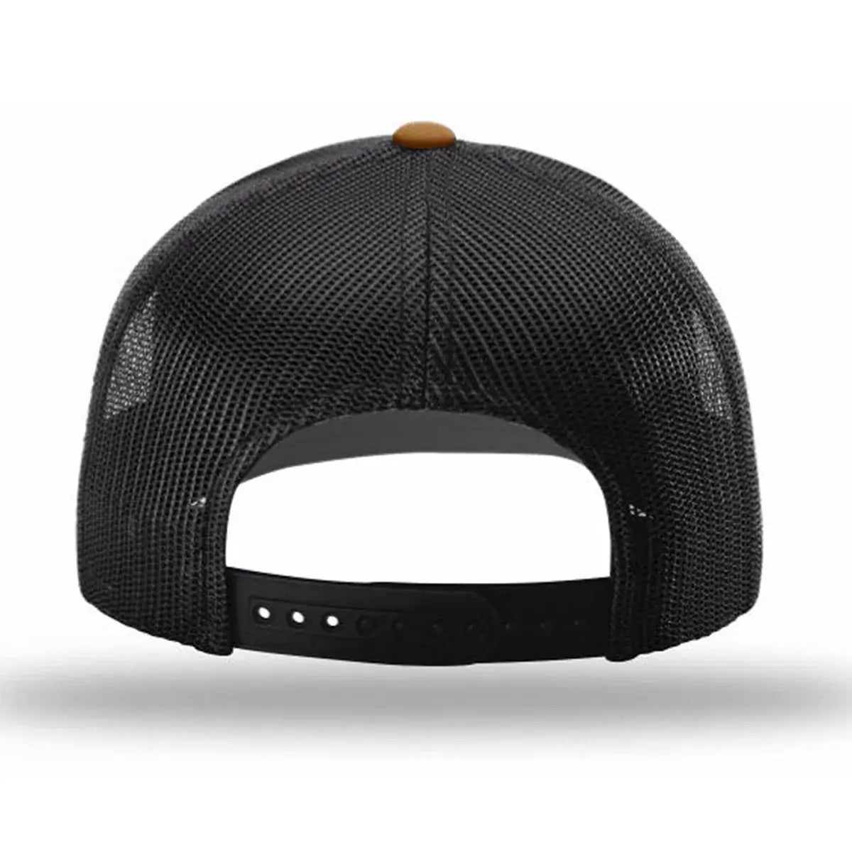 Back image of a caramel and black Richardson 112 hat with an embroidered whiskey graphic that reads "Neat" 