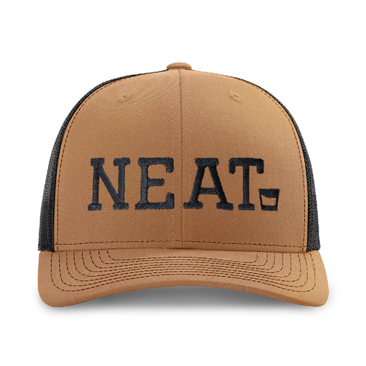 caramel and black Richardson 112 hat with an embroidered whiskey graphic that reads "Neat" 