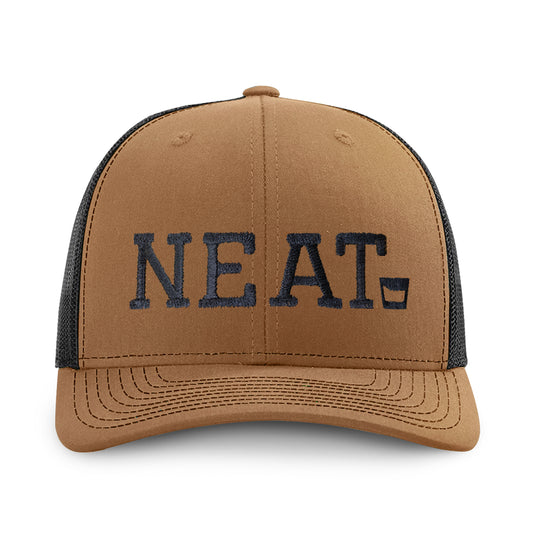 caramel and black Richardson 112 hat with an embroidered whiskey graphic that reads "Neat" 