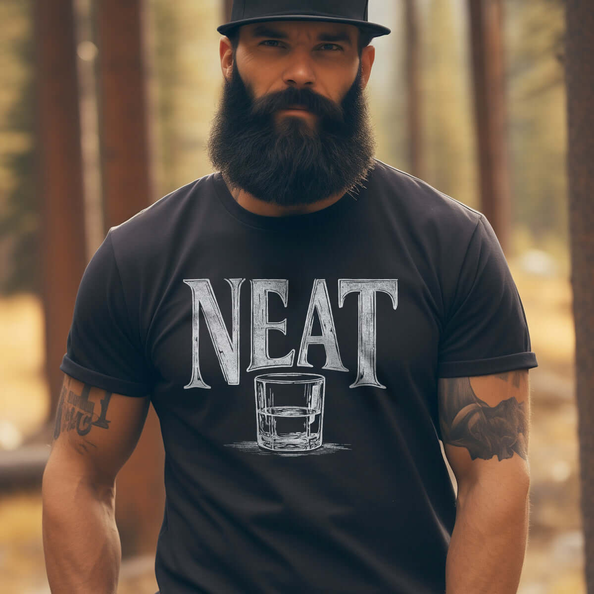a bearded man wearing a bourbon t-shirt that reads "Neat"