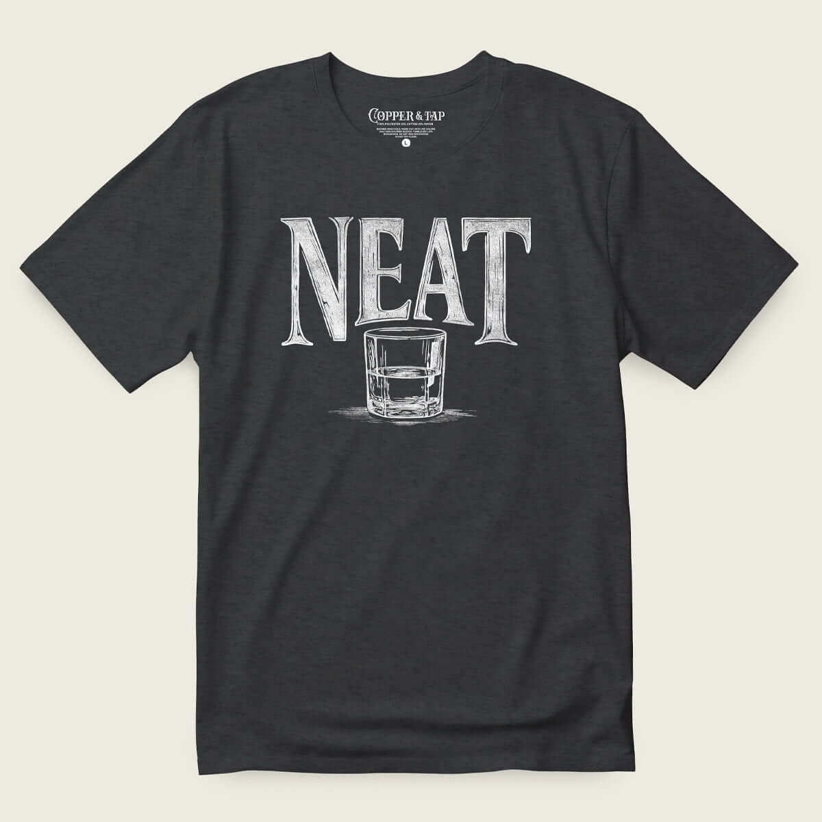 a black t-shirt with a distressed bourbon graphic that reads "Neat"