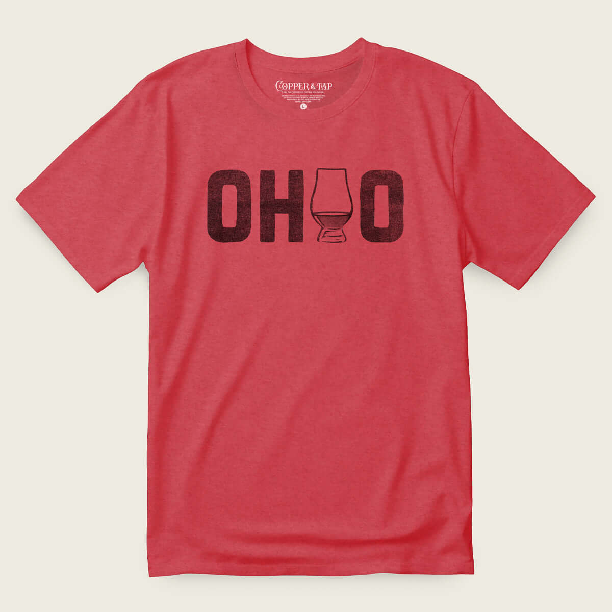 red graphic t-shirt with ohio graphic and a whiskey glass 