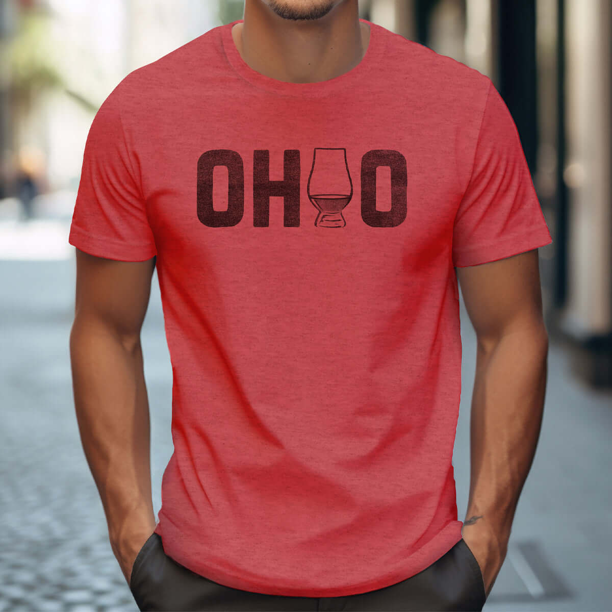 model wearing a red graphic t-shirt ohio with a whiskey glass