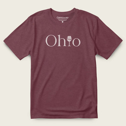 Ohio wine tee featuring a maroon tri-blend fabric with a distressed print design showcasing the word 'Ohio' and a wine glass.