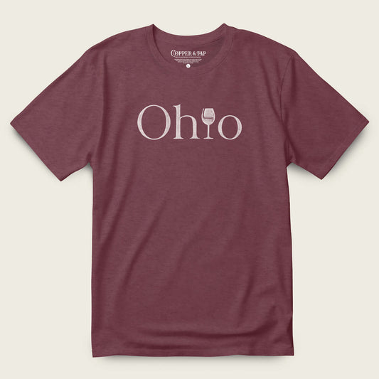 Ohio wine tee featuring a maroon tri-blend fabric with a distressed print design showcasing the word 'Ohio' and a wine glass.