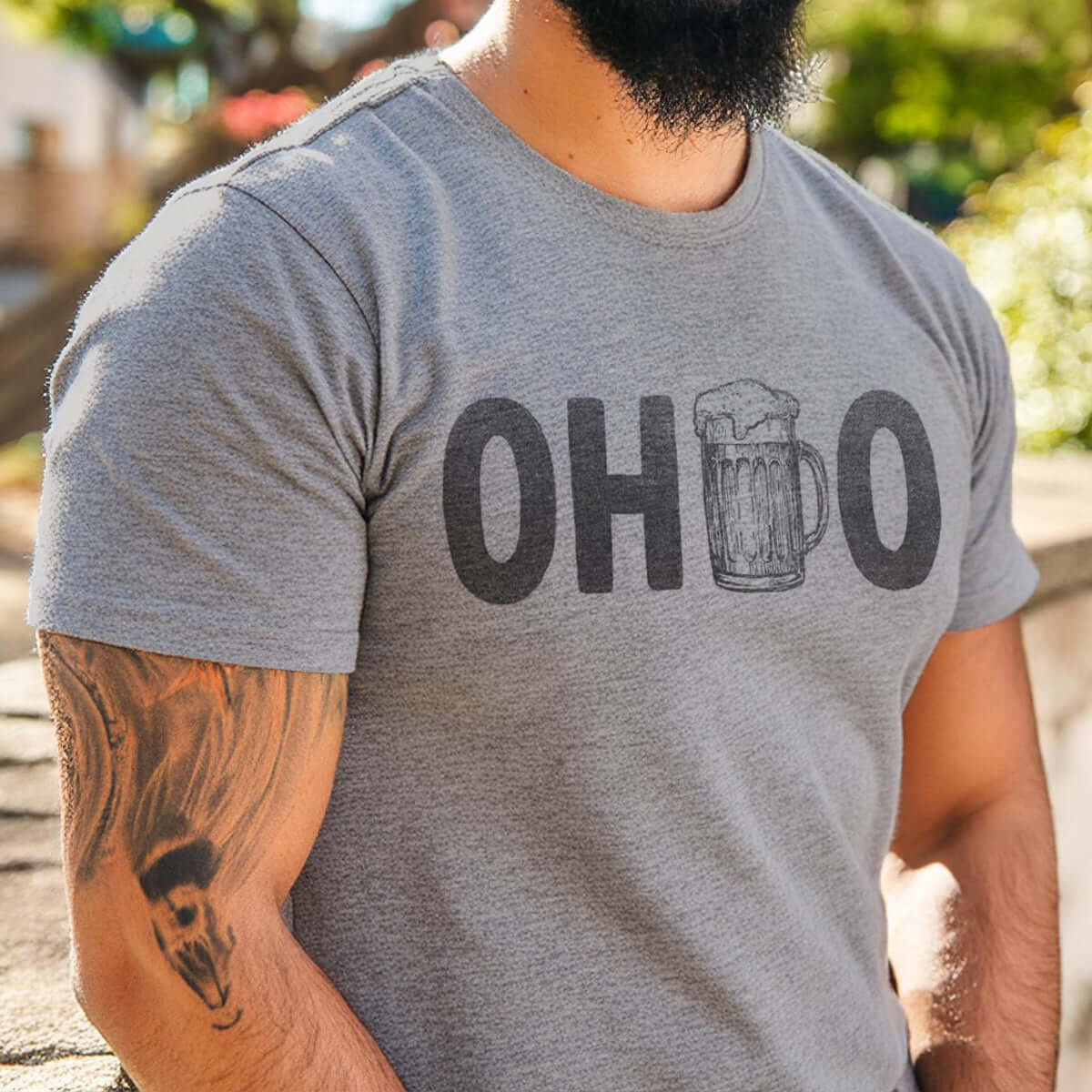 model wearing a ohio beer graphic tee
