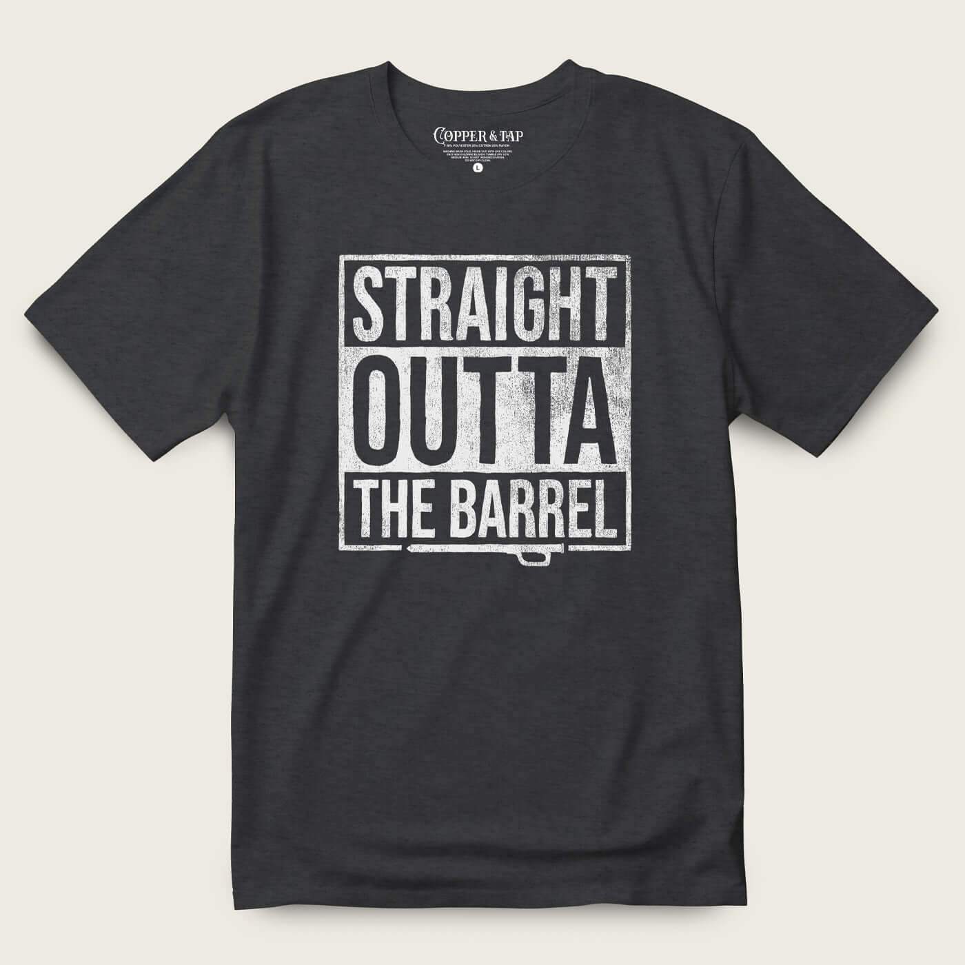 Straight Outta The Barrel Bourbon shirt in tri-blend fabric with distressed print design.