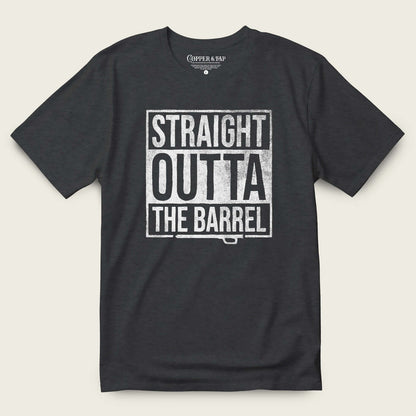 Straight Outta The Barrel Bourbon shirt in tri-blend fabric with distressed print design.