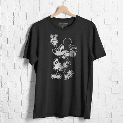 a black t-shirt with steamboat willie smoking a cigar