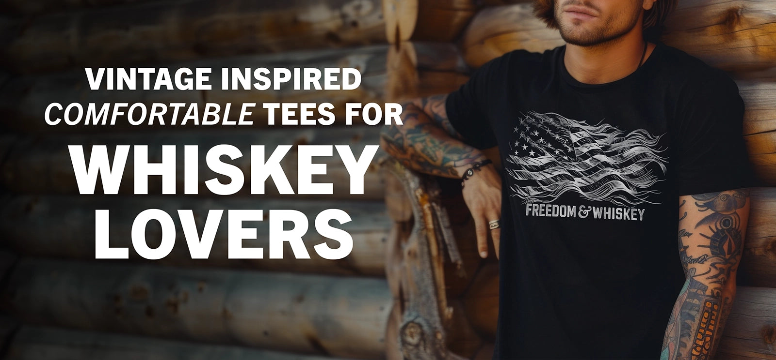 model wearing a black freedom and whiskey t-shirt for bourbon lovers