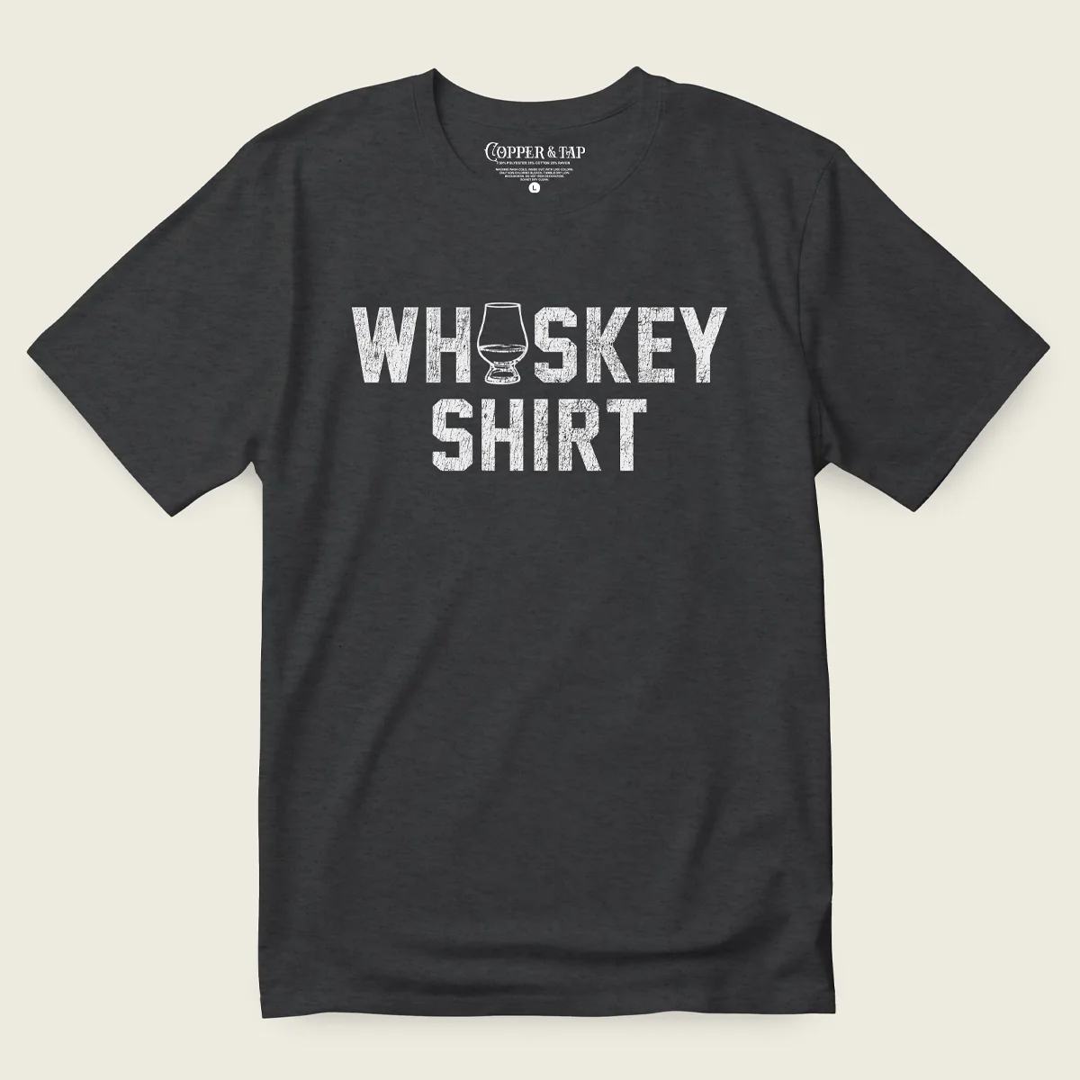 Black t-shirt with a distressed printed graphic that reads "whiskey shirt" with a whiskey glass