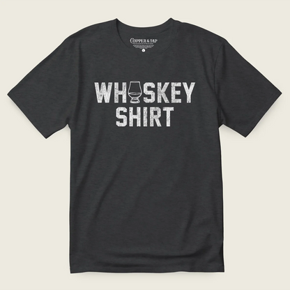 Black t-shirt with a distressed printed graphic that reads "whiskey shirt" with a whiskey glass